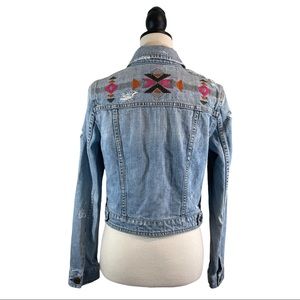 American Eagle Denim Jacket Distressed Aztec Southwest Print Ripped, Size M